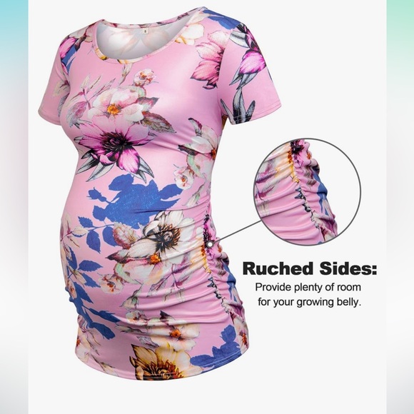 Glamix Women’s Maternity T-shirt Side Ruched Short Sleeve Basic Pregnancy Top - Picture 6 of 8